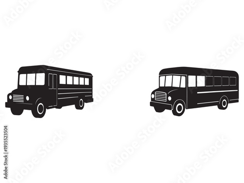 Blackandwhite illustration of two school buses side by side on white background
