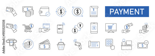 Payment icon set. Business and finance payment collection with money, banking, credit card, exchange, cash and transaction symbol. EPS 10