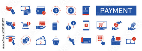 Payment icon set. Business and finance payment collection with money, banking, credit card, exchange, cash and transaction symbol. EPS 10