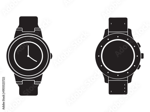Blackandwhite illustration of two smartwatch designs one with clock face and hands and other with blank face and buttons on band isolated on white background