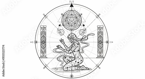 Mystical Woman in Cosmic Circle with Celestial Symbols and Pillars