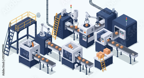 Automated factory production line with robotic arms and conveyor belts.