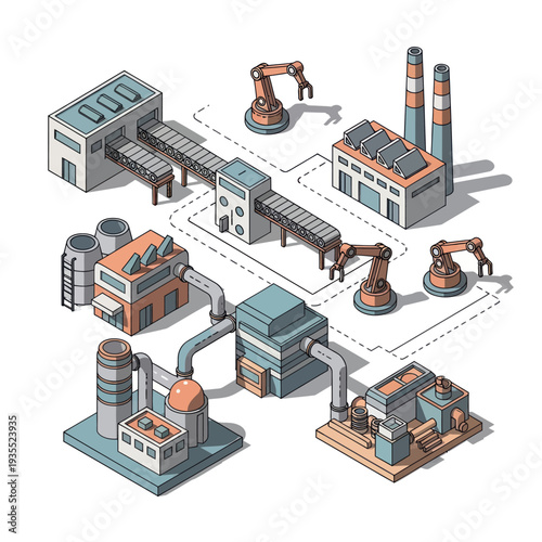 Automated factory production line with robotic arms and industrial buildings.
