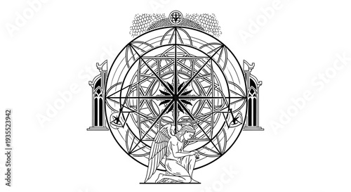 Sacred Geometry Mandala with Gothic Architecture and Mystic Figure