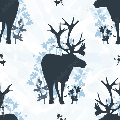 Seamless pattern with reindeer silhouettes and bearberry plants, scandinavian forest animal background for textile and wallpaper, winter nature vector tile
