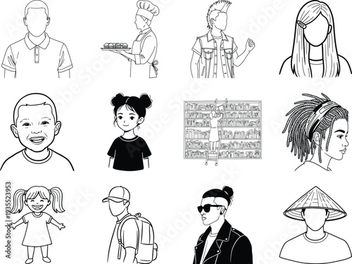 Black and white line of people in various styles and occupations