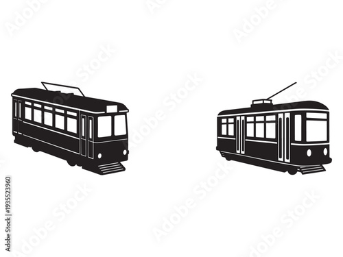 Blackandwhite illustration of two vintage tramcars with large windows and overhead wires for urban transportation systems  public transit vehicles