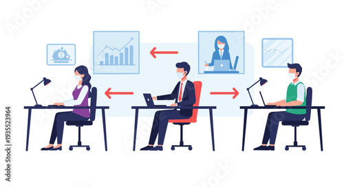 People wearing masks and working at separate desks in an office with arrows showing social distancing rules.