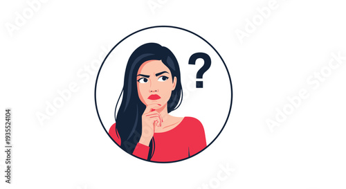 Pensive young woman with dark hair touching her chin and looking up thoughtfully while a black question mark appears beside her in a circle.
