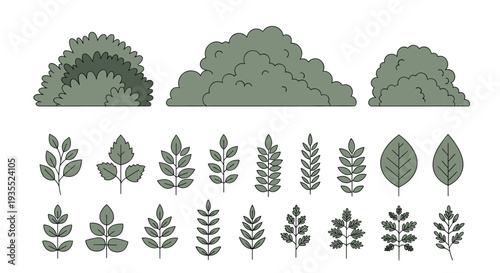 Nature-themed collection featuring several dense green bushes and an assortment of individual leaf styles with detailed veins on a white background.