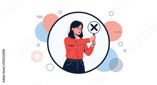 Focused woman in an orange shirt holding a round sign with a large black cross symbol representing a wrong answer or refusal in a circle frame.