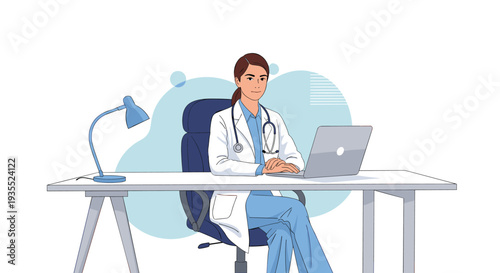 Professional female doctor in a white lab coat sitting at a modern desk with a laptop and a blue lamp while working in her clean medical office.