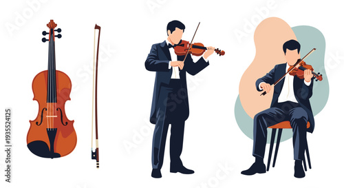 Set of musical illustrations featuring a detailed violin with a bow and two professional male violinists performing in formal concert attire.