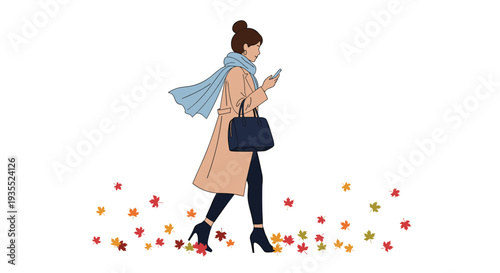 Elegant woman in a beige coat and blue scarf walking through falling autumn leaves while browsing on her smartphone on a clean white background.