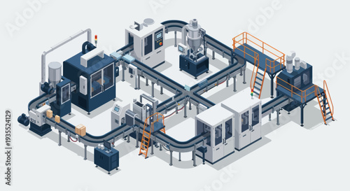 Automated Industrial Manufacturing Production Line with Conveyor Systems.