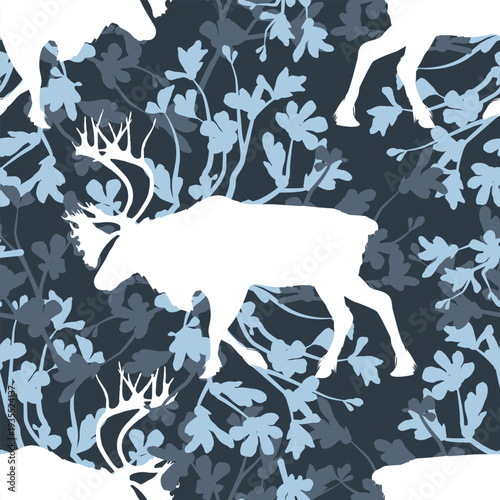 Seamless pattern with white reindeer silhouettes on dark blue background with bearberry leaves, winter forest animal vector background, scandinavian style fabric print