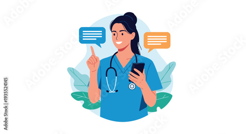 Smiling female nurse in blue scrubs holding a smartphone with speech bubbles around her representing online medical consultation and communication.