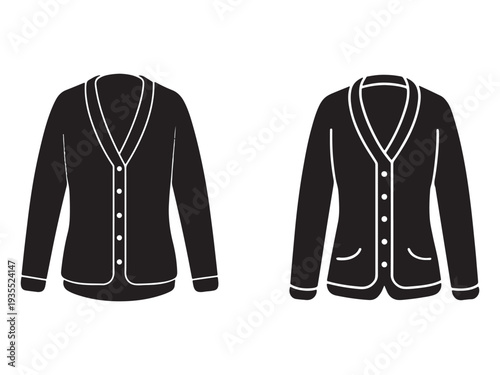 Blackandwhite illustrations of two cardigans with white outlines one with pockets  isolated on white background