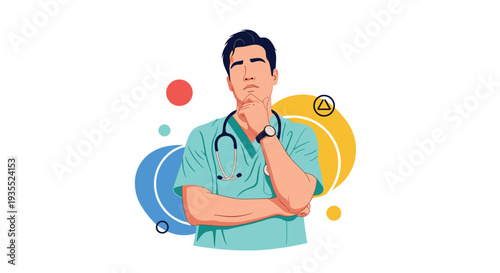 Handsome male doctor in teal scrubs with a stethoscope around his neck looking upwards thoughtfully with his hand on his chin in a pensive pose.