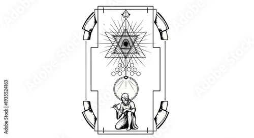 Mystical Geometric Symbol with Kneeling Figure, Sacred Geometry, Esoteric Art