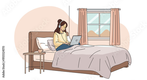 Cozy illustration of a young woman sitting in bed with headphones on while working or studying on a laptop in a bedroom with a view of mountains.