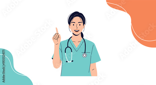 Friendly female doctor in green scrubs with a stethoscope smiling and pointing her finger upwards to highlight important health advice or information.