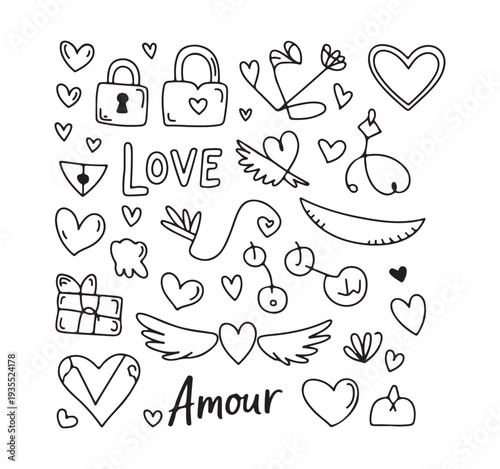 Valentine doodle set with hearts locks flowers gifts and love lettering for romantic card designs