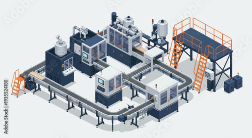 Automated Industrial Manufacturing Production Line with Machinery and Conveyors.