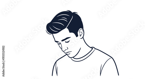 Simple black and white line art illustration of a young man with styled dark hair looking down pensively with a neutral or sad facial expression.