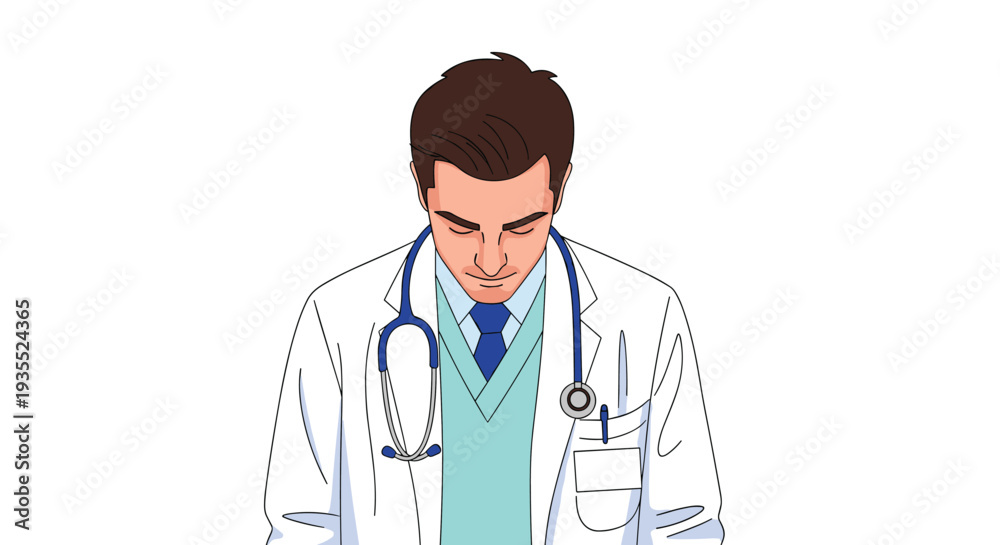 Fototapeta premium Focused male doctor wearing a white medical coat and a stethoscope around his neck looks downwards with a serious expression.