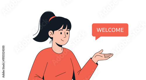 Friendly young woman with a ponytail welcomes visitors with an open hand gesture and a red speech bubble saying the word welcome.