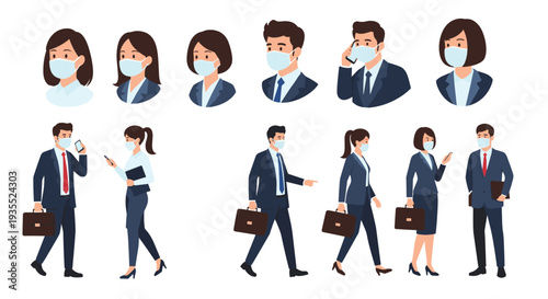 Large collection of diverse business people avatars and full body characters wearing protective face masks for health and safety.