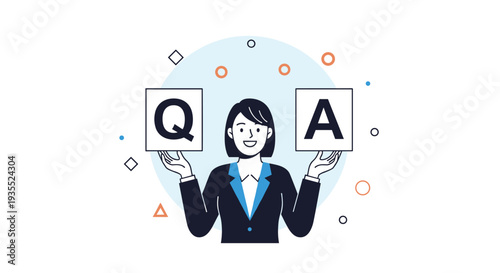 Professional woman in a business suit presents a questions and answers session while holding square signs with the letters Q and A.