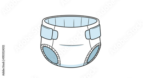 Simple flat illustration of a clean white baby diaper with blue details and side adhesive tabs isolated on a plain white background.