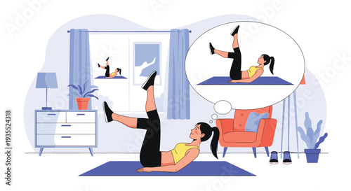 Young woman practices leg raises on a fitness mat in her living room while a thought bubble depicts her home workout routine and goals.