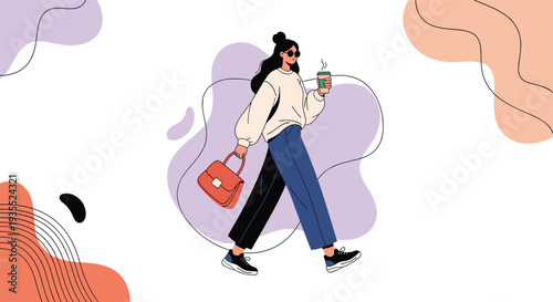 Fashionable woman walks confidently with a takeaway coffee cup and a stylish handbag against a backdrop of flowing abstract shapes.