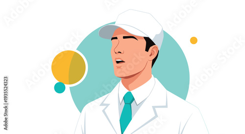 Male scientist or laboratory technician wearing a white coat and cap looks upwards with a serious expression against colorful circles.
