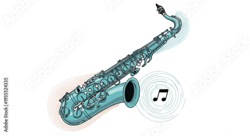 Detailed artistic illustration of a blue saxophone with musical notes and decorative sound waves radiating from the instrument.