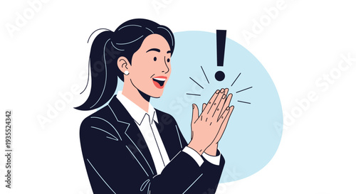 Joyful businesswoman with a ponytail claps her hands in excitement with a large exclamation mark floating in the blue background.