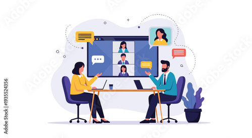 Business colleagues have a productive meeting at a table while using a large screen to collaborate with remote team members.