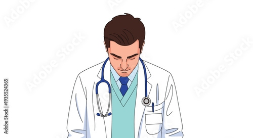 Focused male doctor wearing a white medical coat and a stethoscope around his neck looks downwards with a serious expression.