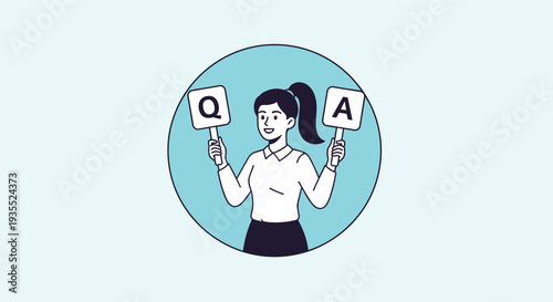 Young woman with a ponytail holds up two signs with the letters Q and A for a questions and answers session inside a blue circle.