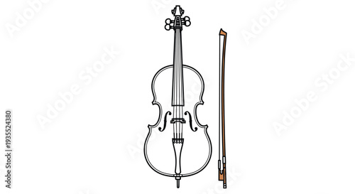 Simple black and white line drawing of a vertical cello and its bow standing side by side isolated on a clean white background.