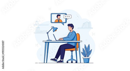 Man sits at a modern desk working on his laptop while a speech bubble shows a video call connection with a professional colleague.