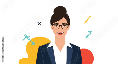 Confident businesswoman with a bun hairstyle and glasses smiles warmly against a background of abstract colorful geometric shapes.