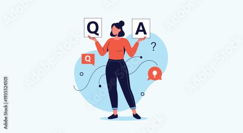 Young woman standing and holding signs for question and answer session as part of professional presentation or support.