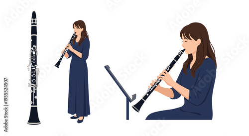 Female musician playing clarinet in various poses including standing and sitting with a music stand for performance.