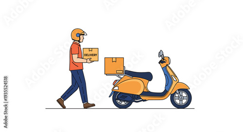Delivery courier wearing helmet walking towards orange scooter with cardboard boxes for fast food or package shipping.