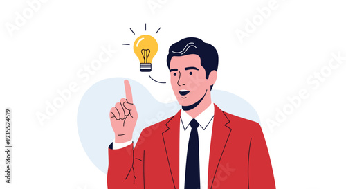 Confident businessman in a bright red jacket having a great idea represented by a glowing lightbulb above his head for innovation.