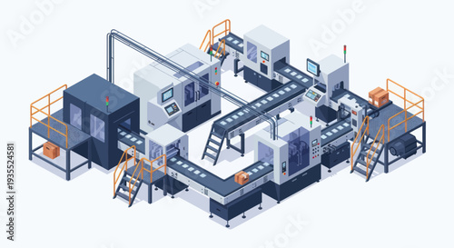 Automated Industrial Production Line with Conveyor Systems.